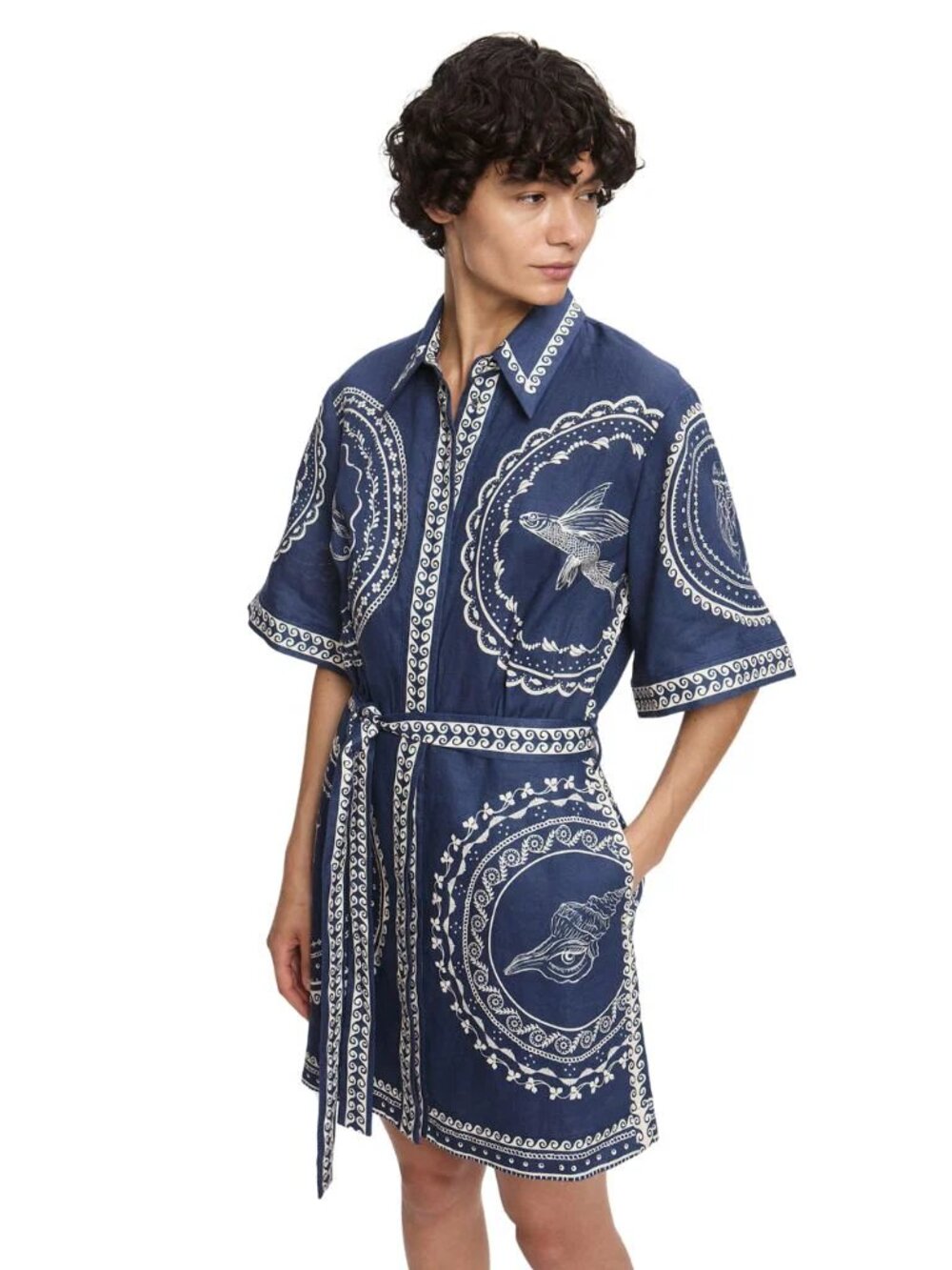 Alemais Oceane Mini Dress Navy Floral Linen Puff Sleeve Dress - Picture 4 of 12